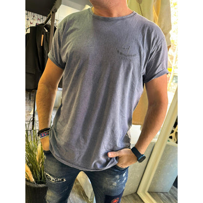 Camiseta azul jaspeado con Logo Laurel y Efecto Jeans para Hombre - Algodón de Alta Calidad | Savior.sf19