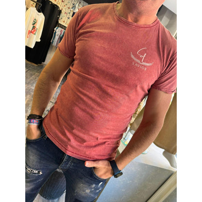 Camiseta Teja con Logo Laurel y Efecto Jeans para Hombre - Algodón de Alta Calidad | Savior.sf19