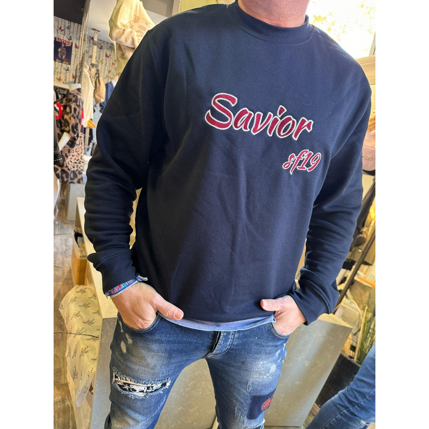 Sudadera Azul Marino Bordada Savior Sf19 Unisex - Ecológica con Algodón Orgánico y Poliéster Reciclado | Savior.sf19