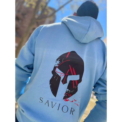Sudadera Azul Celeste Unisex con Capucha y Estampado Casco - Confort y Estilo | Savior.sf19